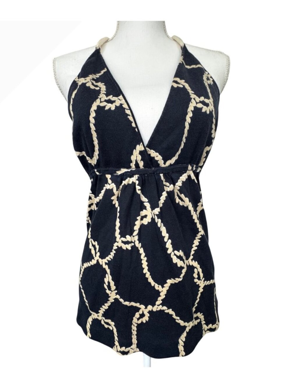 J.Crew Navy & Beige Rope Print Halter Top With Deep V-Neckline Comfort Travel - Picture 1 of 16